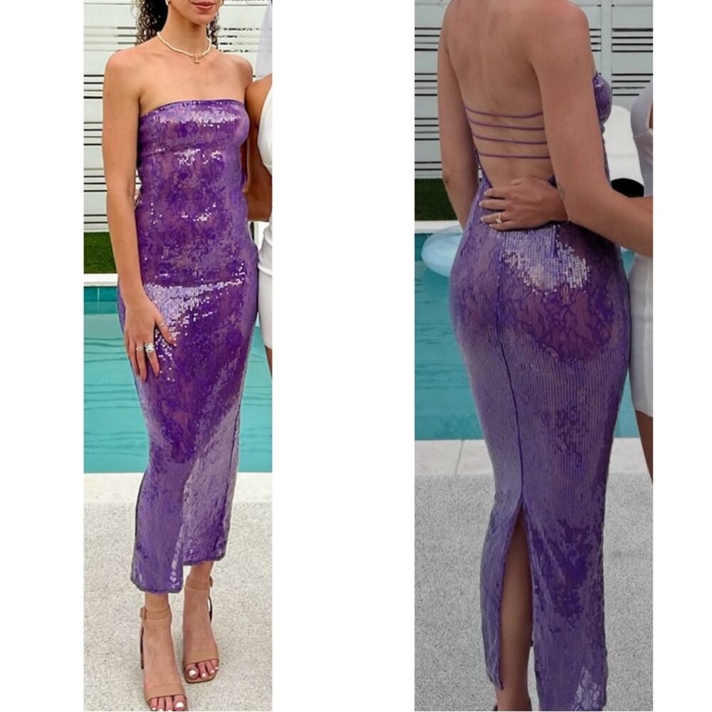 RETROFETE Lucia Sequin Strapless Bodycon Lace Sheer Purple Maxi Dress Size XXS - Picture 4 of 12